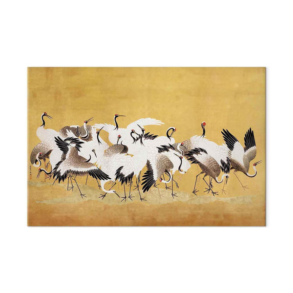 Quadro XXL - Japanese cranes - a flock of birds against a golden background based on a painting by Ishida Yūtei
