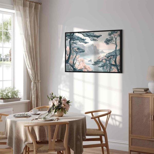 Quadro - Mountainous Coast with Trees and Rocks in Light Pastel Blues