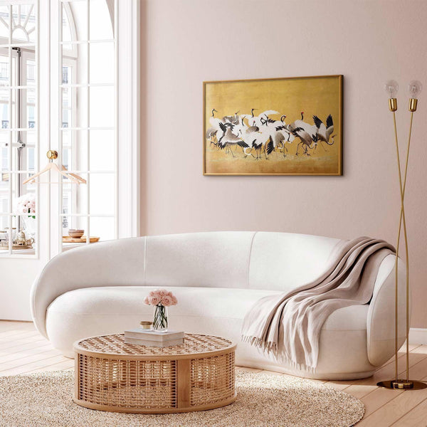 Poster - Japanese Cranes - a flock of birds against a golden background based on the painting of Ishida Yūtei
