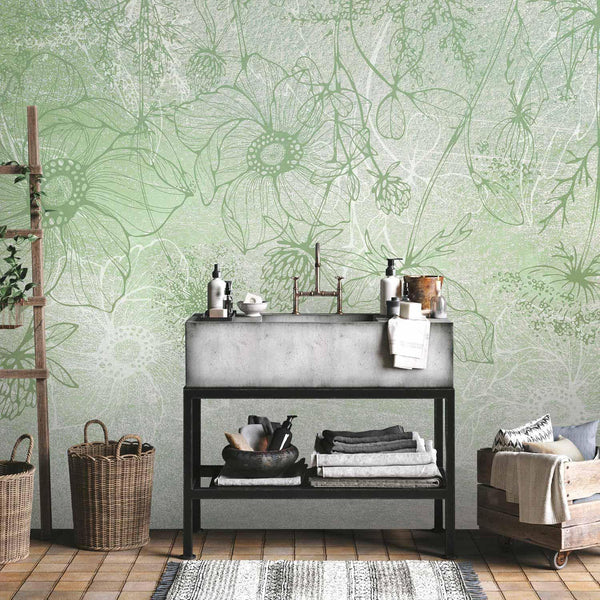 Carta da parati - Flowery meadow - nature with field flowers lineart on green background