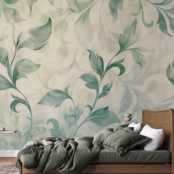 Carta da parati - Watercolor Botanical Motif Delicate Green-Beige Leaves