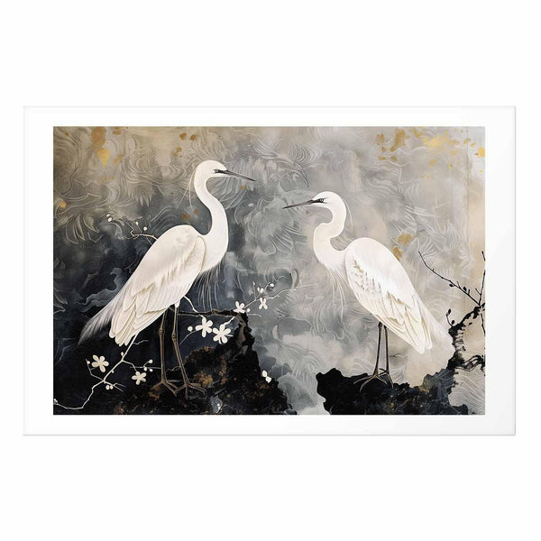 Poster - Herons and Cherry Blossom - oriental-style illustration depicting birds