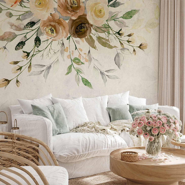 Carta da parati - Summer bloom - retro floral motif with flowers and leaves with patterns