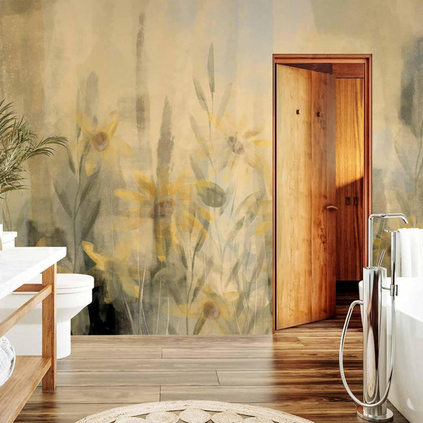 Carta da parati - A touch of summer - floral motif with a meadow full of yellow flowers and grasses