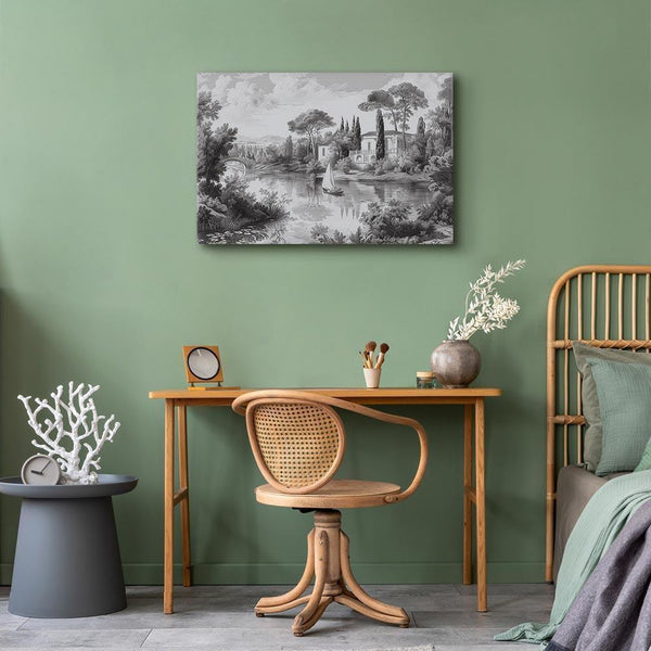 Quadro - Black and White Vintage Landscape Retro View of a Pond with a Boat