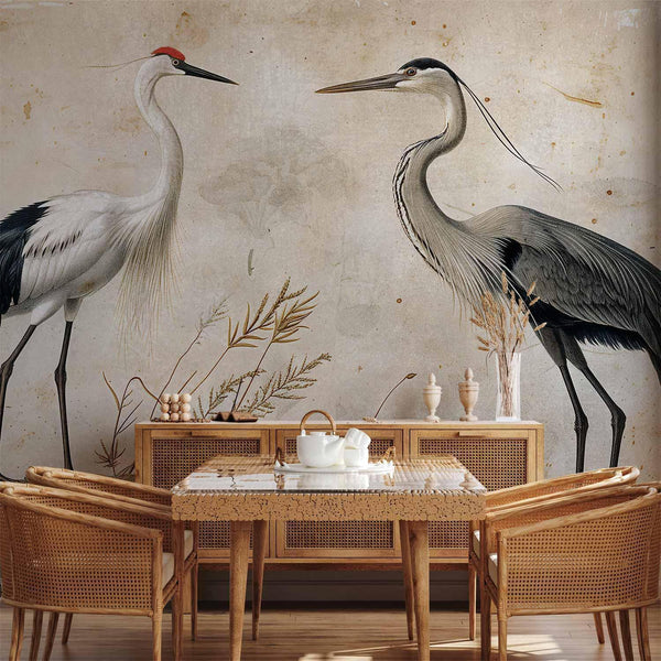 Carta da parati - Birds from an old engraving - vintage-style illustration depicting a heron and a crane