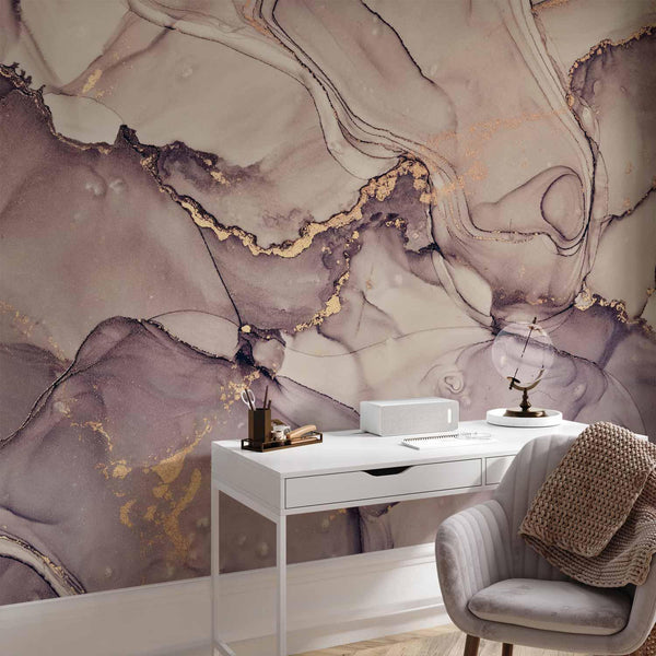 Carta da parati - Watercolour Abstraction - Powder Pink Marble With Gold Accents