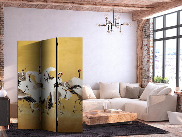 Paravento - Japanese cranes - a flock of birds against a golden background based on a painting by Ishida Yūtei