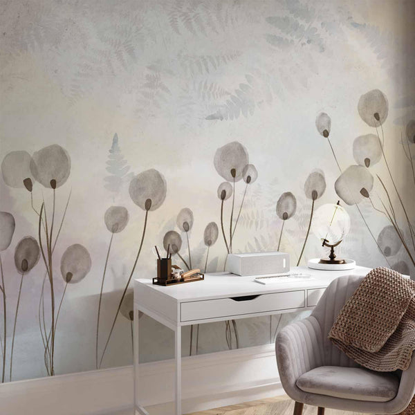 Carta da parati - Minimalist meadow - floral motif in light shades with reflections