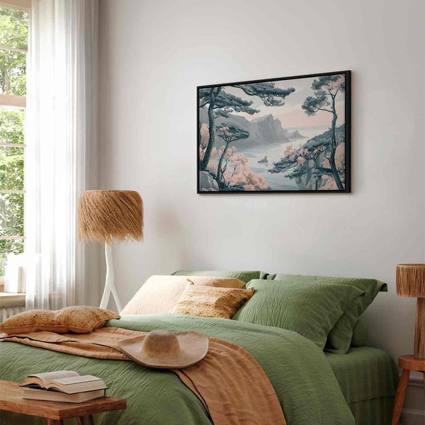 Quadro - Mountainous Coast with Trees and Rocks in Light Pastel Blues