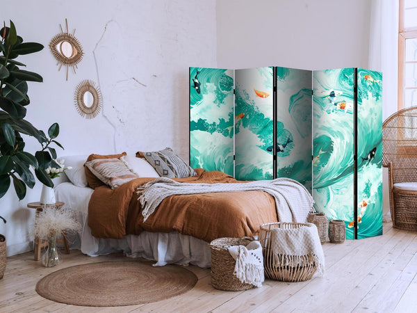 Paravento - Koi Fish Among Waves - Japanese Fish Amid Waves in Shades of Turquoise And White