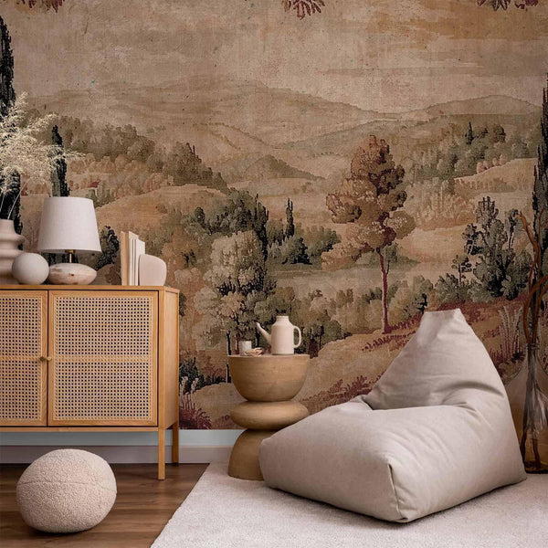 Carta da parati - Mediterranean landscape - old tapestry with a hill and a lake