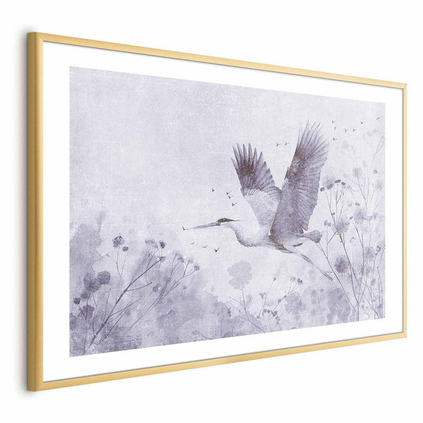 Poster - Majestic Flight - crane in flight in a monochromatic, cool color palette