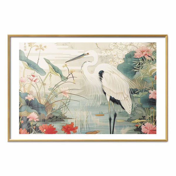 Poster - Over the Asian Pond - illustration in the Japanese print style featuring a heron