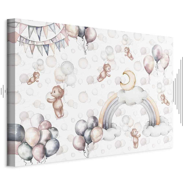 Quadro - Toy Bears with Balloons - Flying Plush Bears Among Balloons Clouds and Rainbows in Subtle Pastel Hues