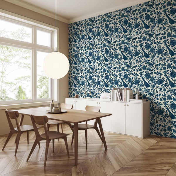 Tappezzeria murale - Birds and roses - monochrome blue pattern with botanical motif