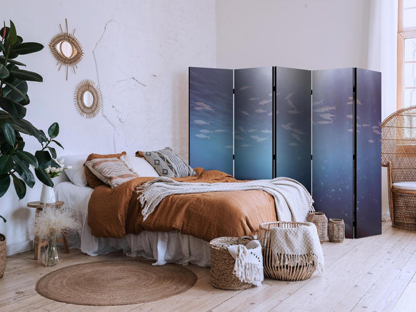 Paravento - School of Small Fish - Illuminated Oceanic Depth in Shades of Navy Purple and Gray with a Shoal of Tiny Fish