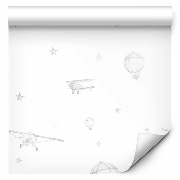 Tappezzeria murale - Watercolor - Airplanes and balloons painted on a white sky background