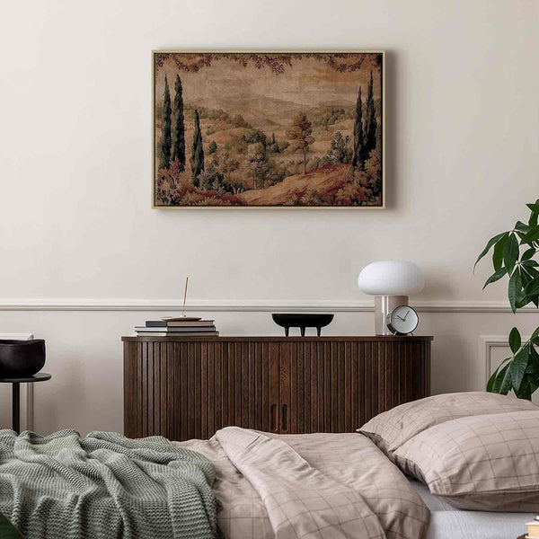 Quadro - Mediterranean landscape - old tapestry with a hill and a lake