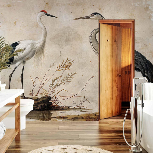 Carta da parati - Birds from an old engraving - vintage-style illustration depicting a heron and a crane