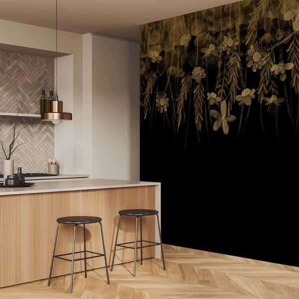 Carta da parati - Nature landscape - black abstract nature motif with flowers in sepia