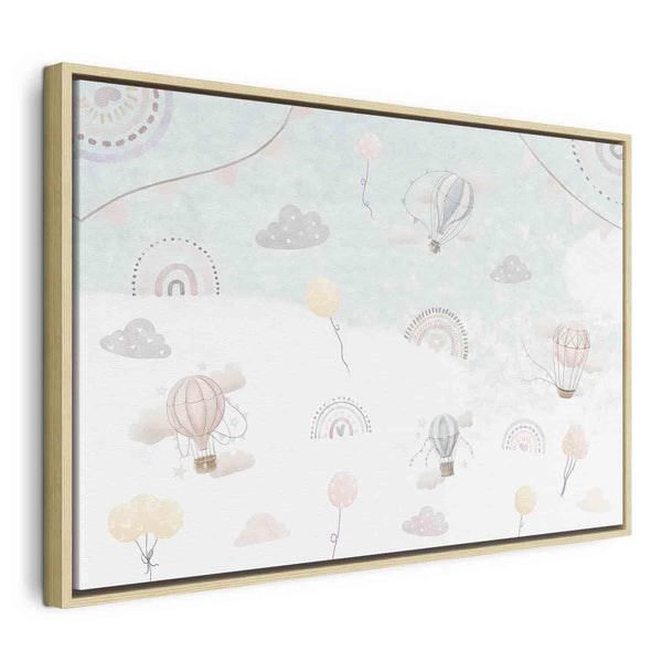 Quadro - Sky with Balloons - Balloons in Subdued Colors Flying in the Sky Among Clouds Rainbows and Stars