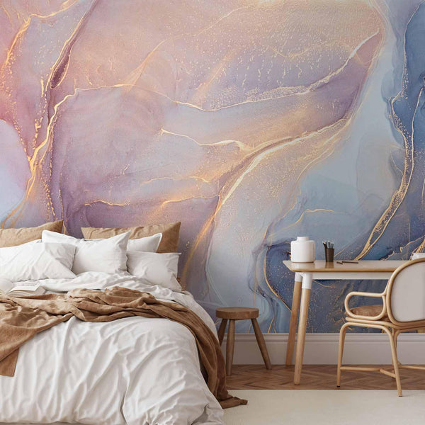 Carta da parati - Pink and Blue Marble - Abstract Watercolour With Gold Accent