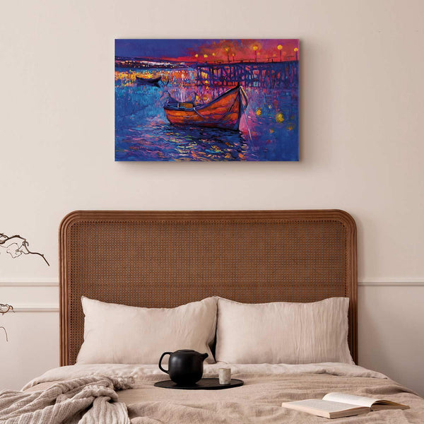 Quadro - Modern impressionism - night landscape of a lake with a floating boat