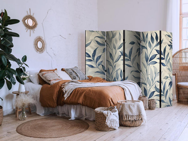 Paravento - Leaves in Blue Colors - Delicate Botanical Motif