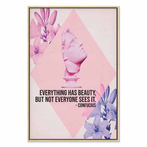Quadro - Beauty in the Eyes - Inspirational Quote with Pink Bust and Flowers