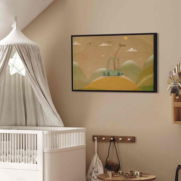 Quadro - Dreamy Traveler - A Cheerful Giraffe Driving a Car on a Sunny Day