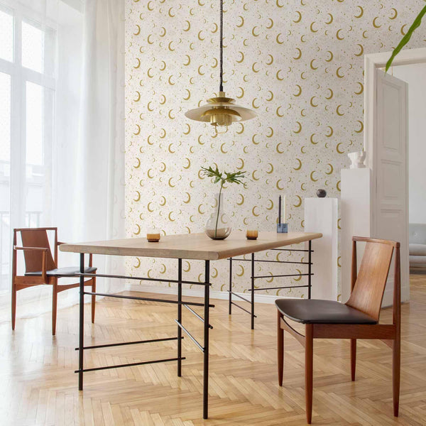 Tappezzeria murale - Moonlit Nights - Delicate Moons and Clouds in a Warm Tone