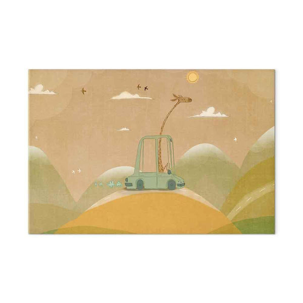 Quadro - Dreamy Traveler - A Cheerful Giraffe Driving a Car on a Sunny Day