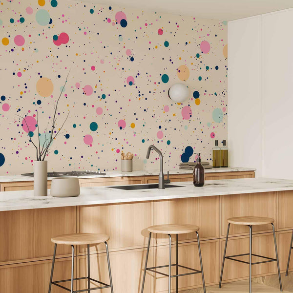 Carta da parati - Dots Speckles and Splatters Multicolored Cheerful Pattern on a Light Pink Background