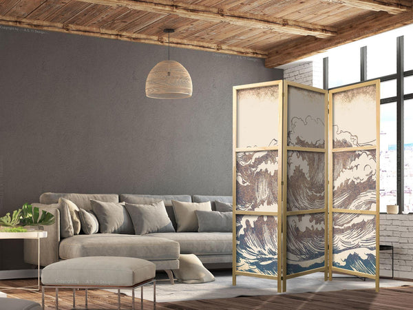 Paravento giapponese - Turbulent Ocean - High Waves in Brown and Navy on a Beige Background in Vintage Style