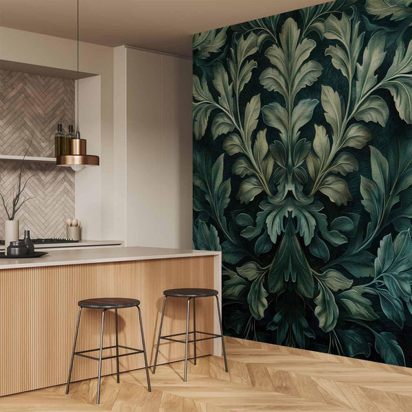 Carta da parati - Dark Green Victorian Leaves: Botanical Carved Composition