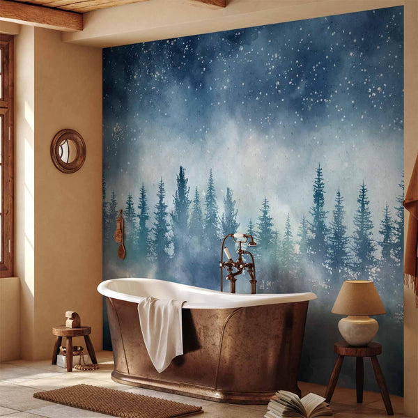 Carta da parati - Night landscape - landscape of a misty forest at night with a starry sky