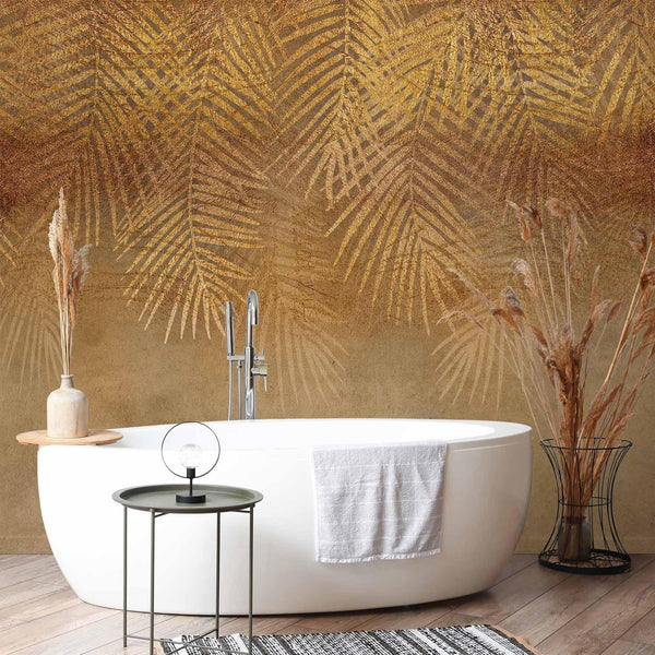 Carta da parati - Abstract nature in beige - composition with golden exotic leaves
