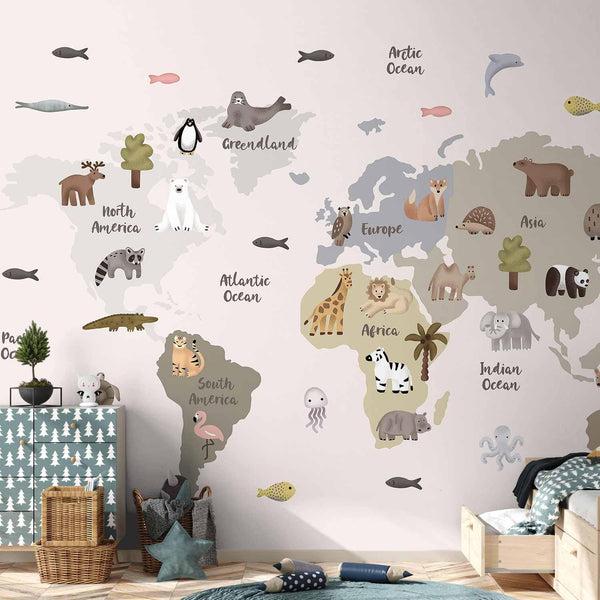 Carta da parati - Pastel Map - Animals and Continents for Children's Room
