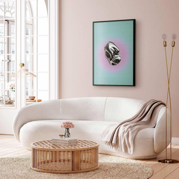 Poster - Metallic Form - abstract sculpture on a mint background with a purple halo
