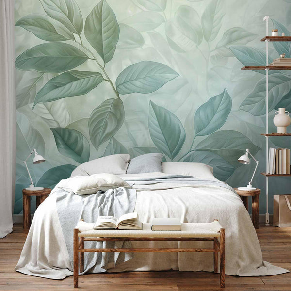 Carta da parati - Large Leaves in Shades of Green-Mint: Botanical Motif