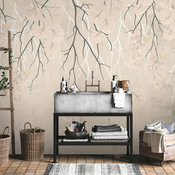 Carta da parati - Abstract falling leaves - subtle nature motif with branches