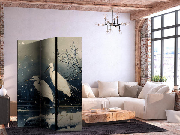 Paravento - Herons over a winter pond - Japanese-style illustration in dark colours