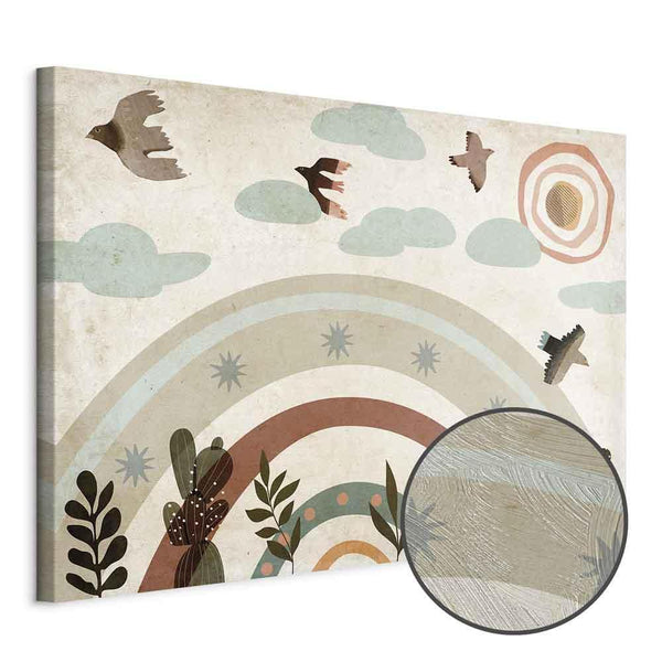 Quadro - Rainbow and Sun Above - Birds in Subdued Colors Flying Among Clouds Above a Rainbow and Various Plants on a Light Background