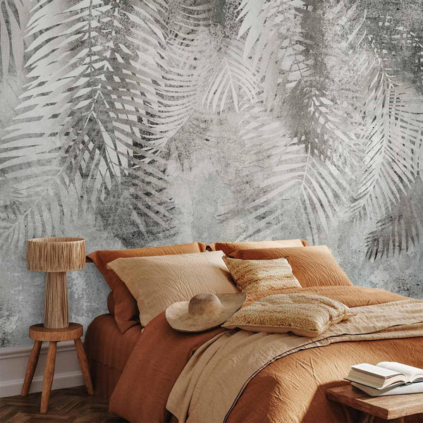 Carta da parati - Light and shadow - grey and white composition with floral motif and pattern