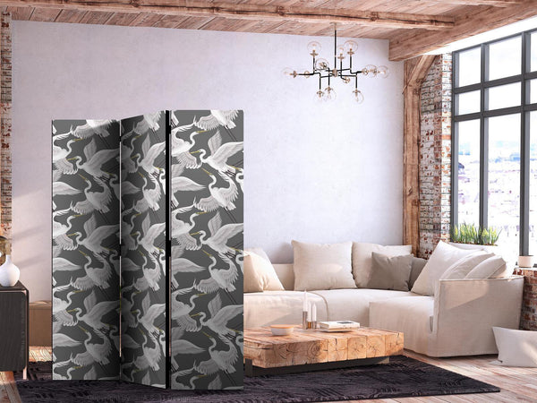 Paravento - Pastel birds - a delicate pattern of white and grey herons on a light pink background