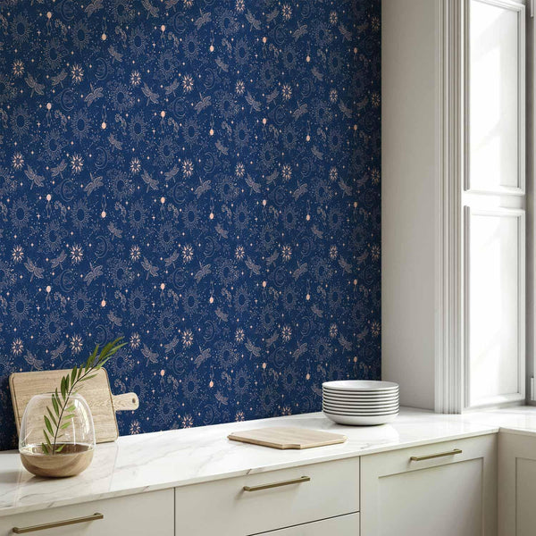 Tappezzeria murale - Cosmic Fantasy - Pattern with Suns - Moons - and Dragonflies on a Dark Background