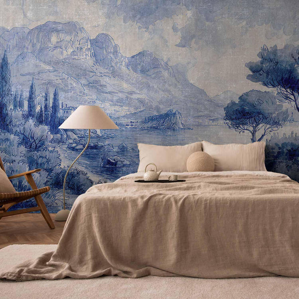 Carta da parati - Blue Bay - Italian landscape of Lake Como painted with blue ink