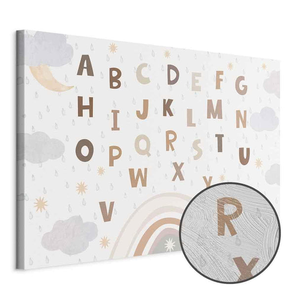 Quadro - Letters Above the Rainbow - Letters Among Streams of Rain and Clouds with a Rainbow Moon and Stars on a Light Background