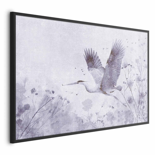 Poster - Majestic Flight - crane in flight in a monochromatic, cool color palette